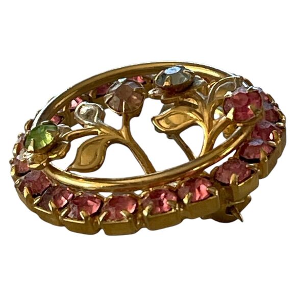 Rhinestone Flower Circle Brooch Gold Tone Uranium UV Glowing Vintage Pin - Picture 3 of 5